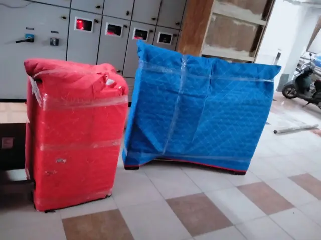 Red and blue wrapped almirahs – Nation Packers And Movers